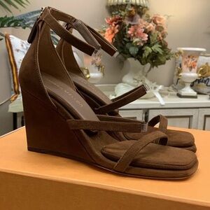 NWOB Tamara Mellon Brown Suede Strappy Wedge Heeled Sandals Size 38.5